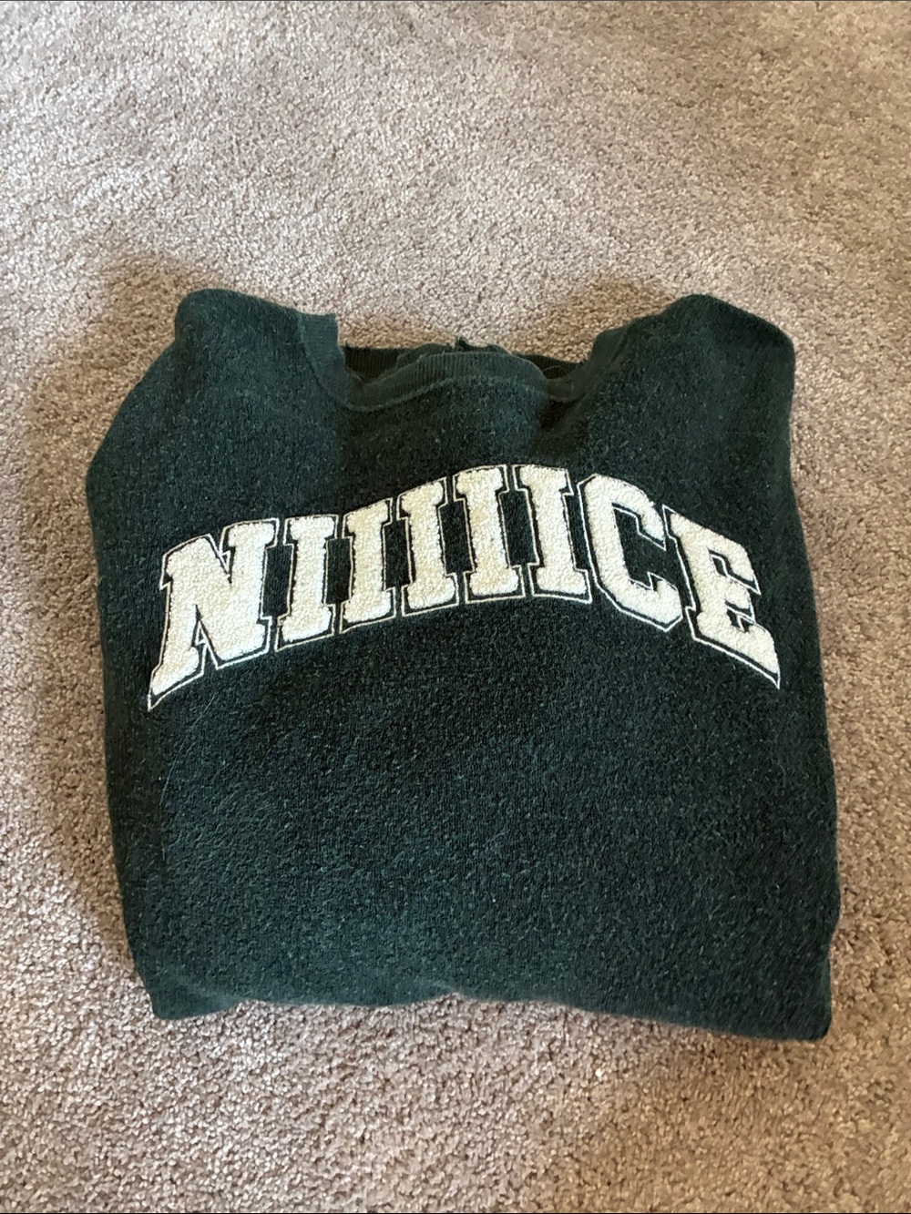 Men's Dark Green Crewneck Sweater with Contrasting White Appliqué